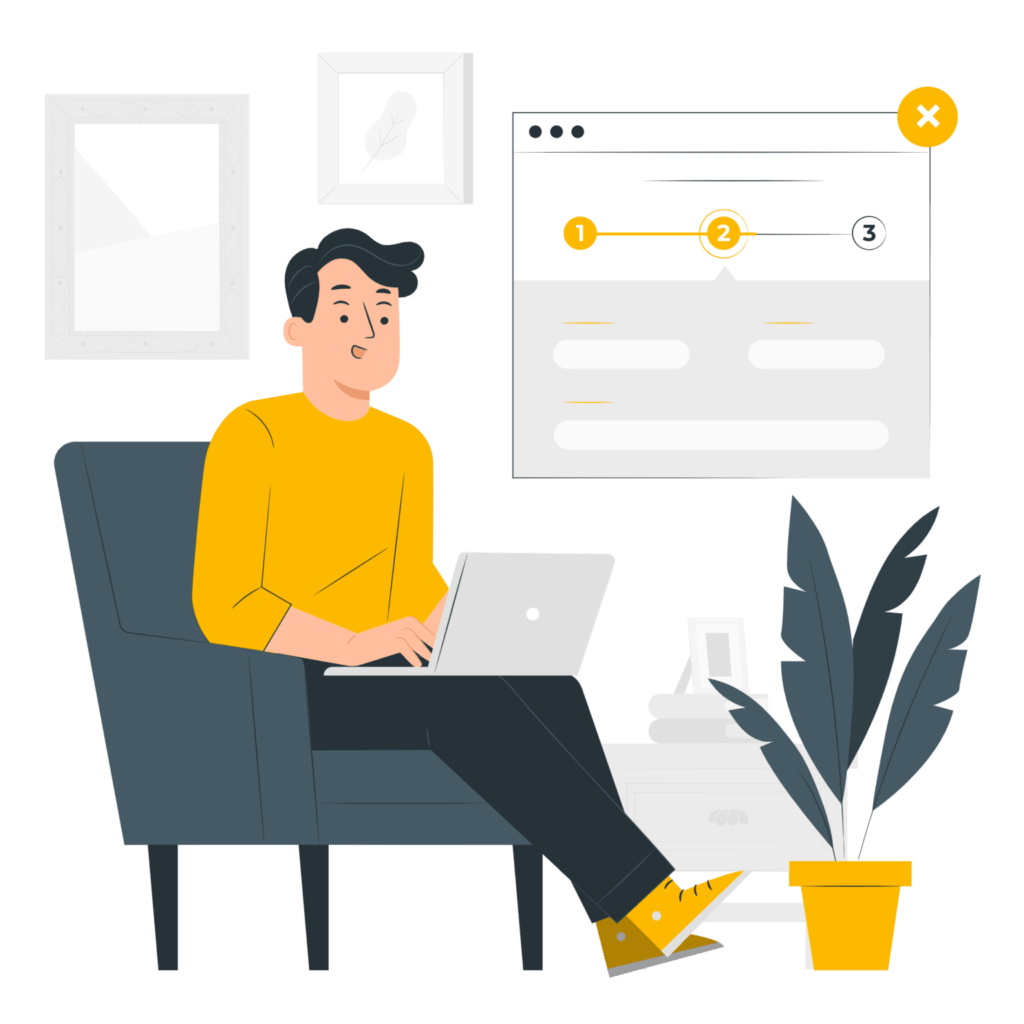 "Illustration of a man sitting on a chair with a laptop, representing effective SEO strategies for dental practices. Enhancing dental SEO services for more visibility and improved online presence."
